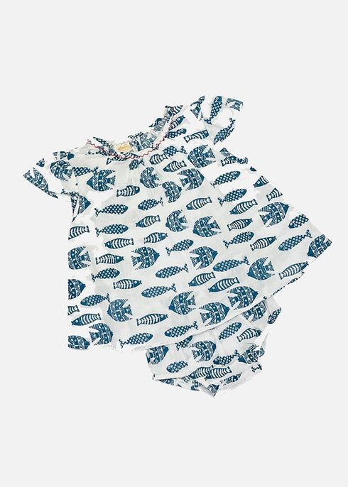 Baby Jhabla Dress - Ink Fish